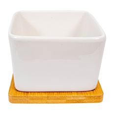 CERAMIC POT SQ W/WOOD TRAY 4.5" WHT