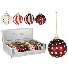 ORN BALL DOT/STRIPE 80MM 4 AST RED