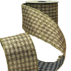 RIBBON LINEN CHECK 2.5"X10YD GLD/BL