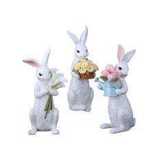 BUNNY RESIN W/ BQT 3/ASST 11.5" WHT